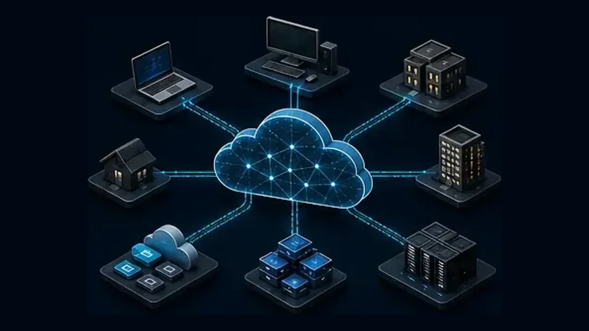 SASE and Zero Trust cloud fabric connecting users, offices, applications, and infrastructure